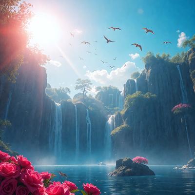 The primary subject of the image is a beautiful waterfall surrounded by lush greenery. The waterfall is located in a serene environment, with a blue lake nearby. The setting is a picturesque landscape with a rocky outcrop and a forest nearby. The visual style of the image is a digital art, creating a vibrant and lively atmosphere. The dominant colors in the image are blue, green, and pink, which contribute to the overall mood of the scene.